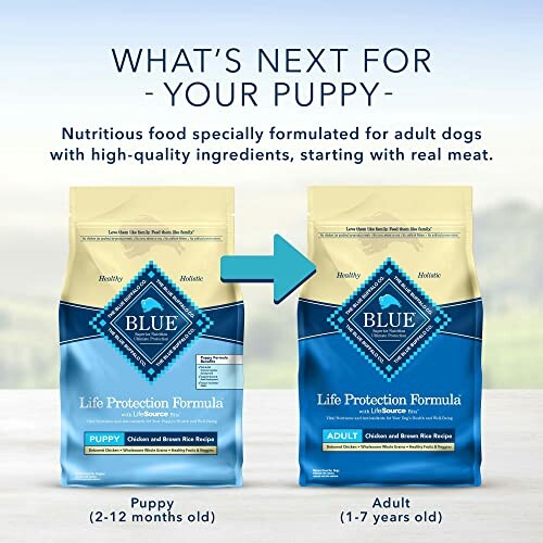 Blue Buffalo dog food transition from puppy to adult formula.