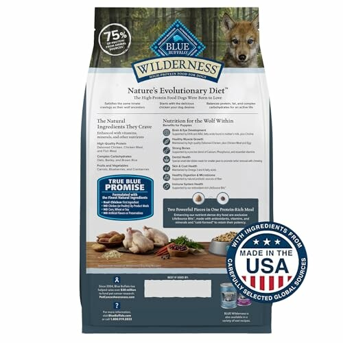 Blue Buffalo Wilderness dog food packaging with chicken ingredients.