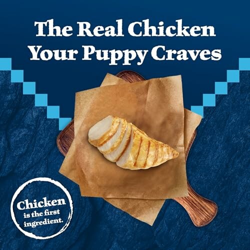 Sliced chicken breast on parchment paper with text 'The Real Chicken Your Puppy Craves'.