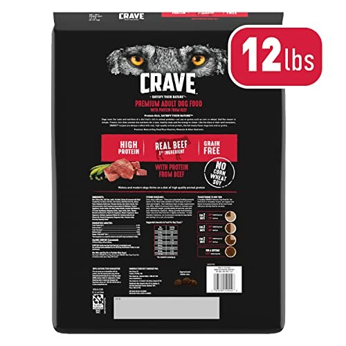 Crave premium adult dog food 12 lbs bag with high protein, real beef, grain-free features.