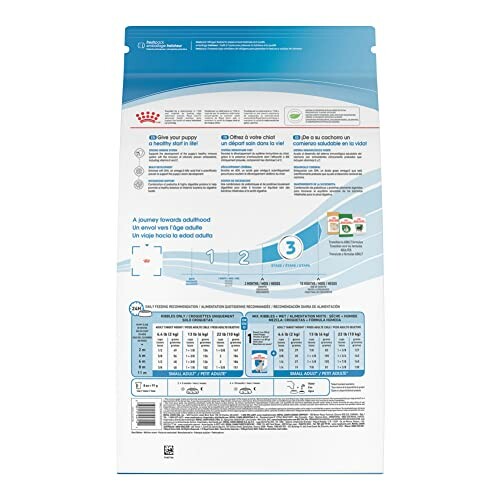 Back of a dog food bag with feeding instructions and nutritional information.