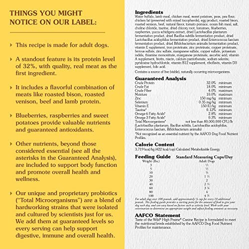 Detailed dog food label with ingredients and nutritional information.