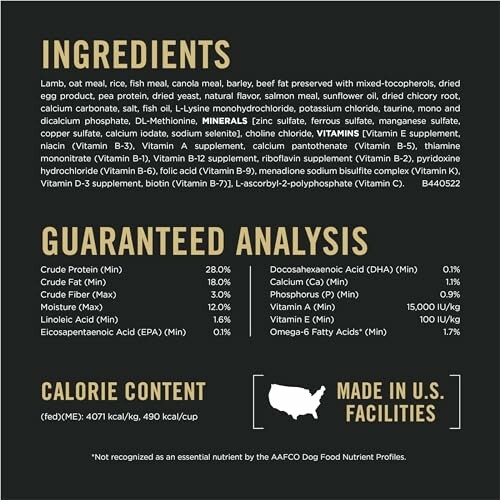 Dog food ingredients and nutritional analysis label.