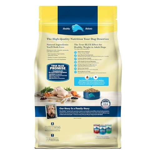 Back of dog food packaging highlighting natural ingredients and health benefits.