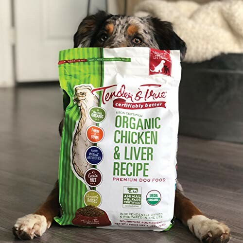 Dog peeking over a bag of organic chicken and liver dog food.