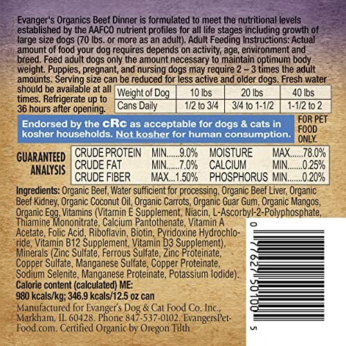 Label of Evanger's Organic Beef Dinner for dogs and cats, showing ingredients, feeding instructions, and nutritional information.