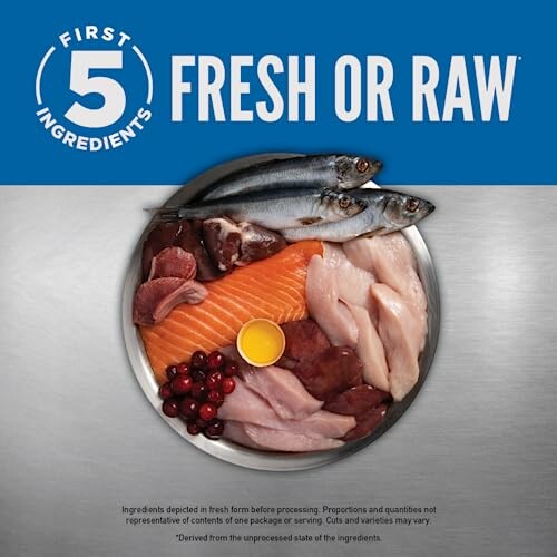 Plate with raw fish, meat, and berries labeled 'First 5 Ingredients Fresh or Raw'.