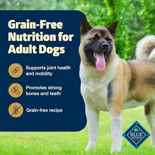 Dog food advertisement promoting grain-free nutrition for adult dogs.