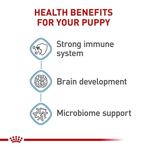 Diagram showing health benefits for puppies: strong immune system, brain development, microbiome support.