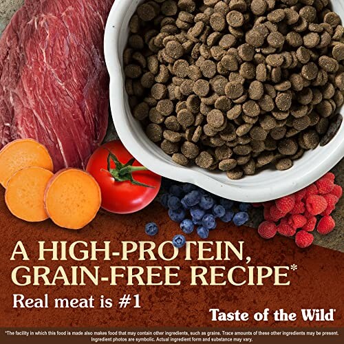 High-protein, grain-free dog food with real meat, surrounded by raw ingredients.