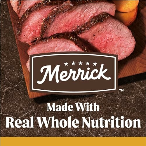 Merrick dog food with real whole nutrition, featuring sliced meat.