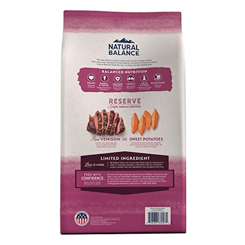 Natural Balance Limited Ingredient Adult Grain-Free Dry Dog Food bag with venison and sweet potatoes