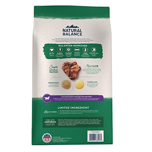 Natural Balance dog food bag with lamb and brown rice ingredients