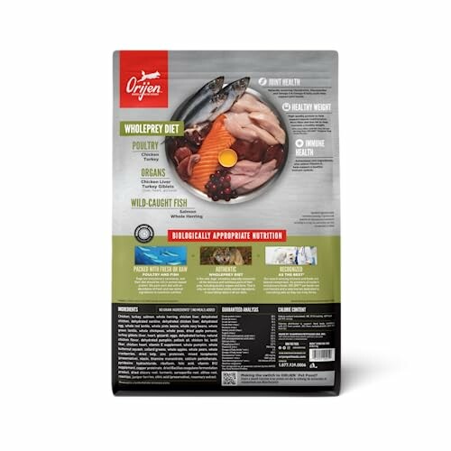 Back of Orijen cat food package showing ingredients and nutritional information.