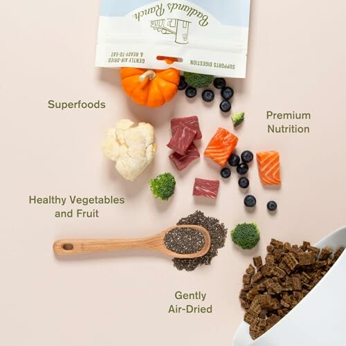 Ingredients for premium pet food including meats, vegetables, fruits, and superfoods.