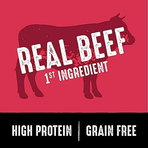 Silhouette of a cow with text 'Real Beef 1st Ingredient', 'High Protein', 'Grain Free'.