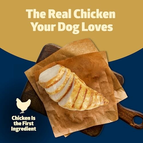 Sliced chicken on a cutting board with text about dog food.