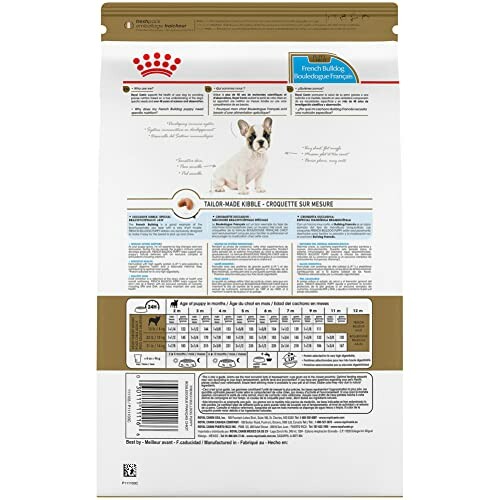 Back view of Royal Canin French Bulldog dog food packaging with nutritional information and feeding guidelines.