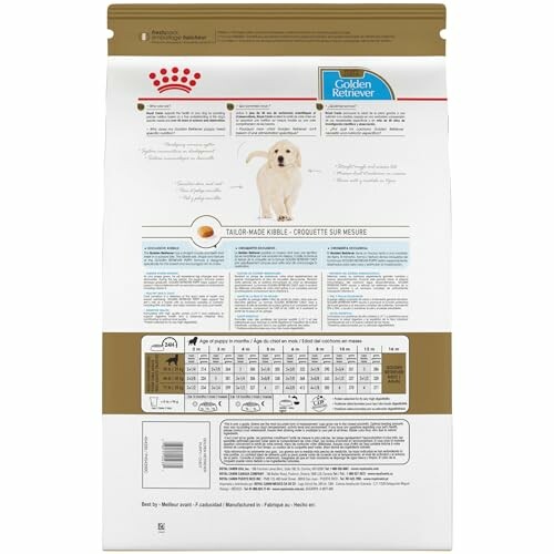 Back of Royal Canin Golden Retriever puppy food bag with feeding guidelines and nutritional information.