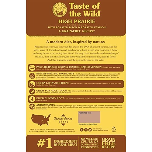 Taste of the Wild High Prairie dog food packaging with key benefits listed.