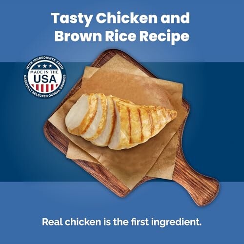 Sliced chicken breast on a wooden board with text promoting a chicken and brown rice recipe.