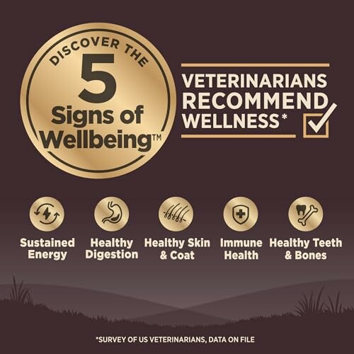 Infographic displaying the 5 signs of wellbeing recommended by veterinarians: sustained energy, healthy digestion, healthy skin & coat, immune health, and healthy teeth & bones.